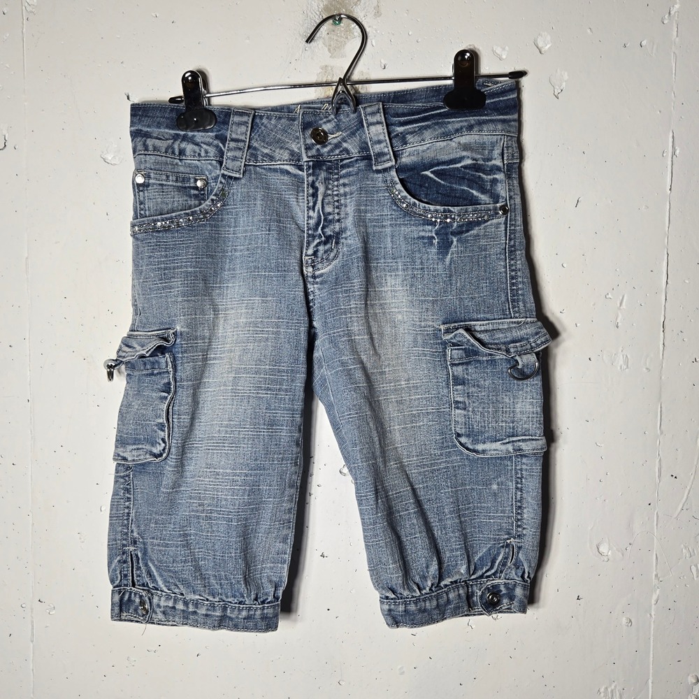 Apollo Rhinestone Cargo Bermudas Denim Jeans 5/6 Y2K Low Rise Cyber McBling Gorp
